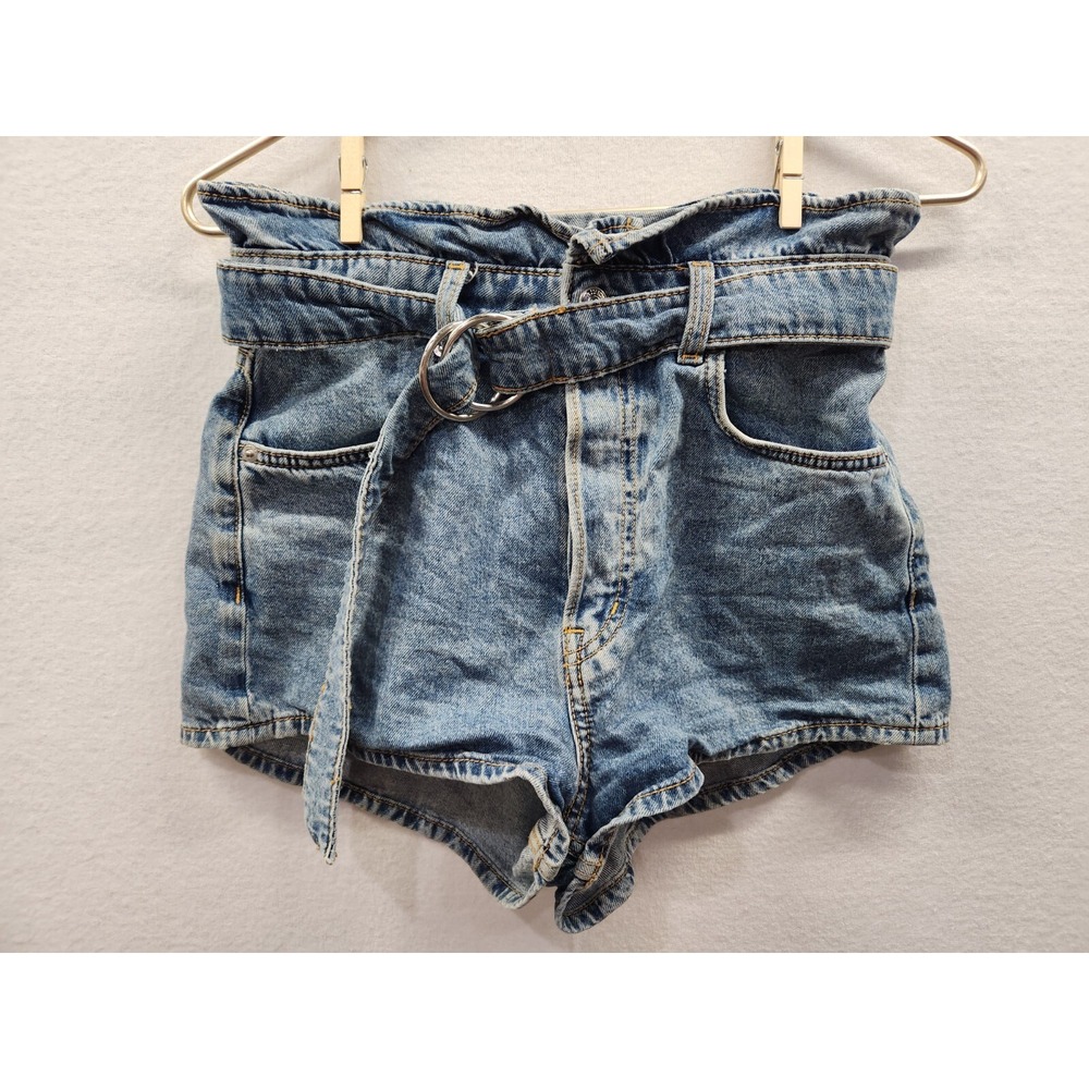 H&M Divided‎ Women's Sz 4 Blue Denim Belted Paperbag Shorts Booty Shorts Y2K